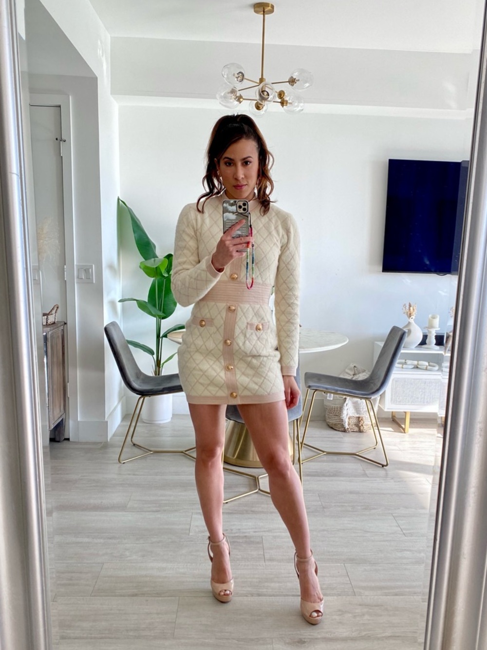 Cream Quilted Button-Front Mini Dress